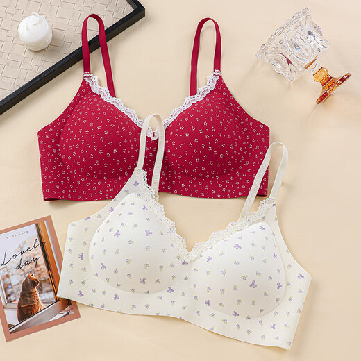 Tingmei Small Fresh Bra Jelly Glue Lifting Secondary Breast Breathable Small Breast Gathering Comfortable Beautiful Back Underwear Bra Purple Floral + Purple Floral M