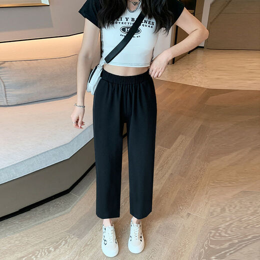 黑色九分阔腿裤女夏季薄款宽松垂坠感高腰显瘦休闲裤子潮 829春秋九分裤【有口袋】 M 建议95-110斤