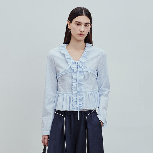 BLUEWEDIAN2026 spring and summer new fashion French sweet V-neck romantic short lace blue plaid S 160/80A