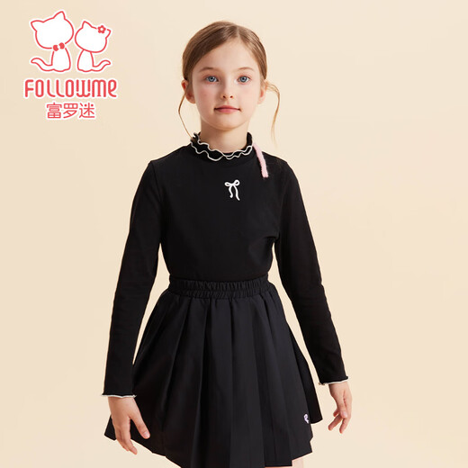 Fuluomi children's long-sleeved bottoming shirt for spring and autumn girls, comfortable and skin-friendly lotus leaf collar, with T-shirt inside and can be worn outside, black 110
