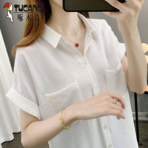 Woodpecker 2026 New Trendy Loose High-end Chiffon Shirt Tops Women Summer Thin Shirt Short Sleeve Fashion Large Size Graphic Khaki XL 100-120Jin Jin is equal to 0.5 kg
