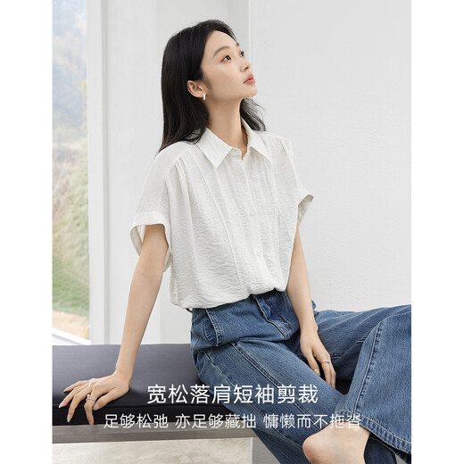 Dialogue (DUIBAI) linen blended white short-sleeved shirt for women 2026 summer new style commuting loose light and breathable shirt top Moonlight White M