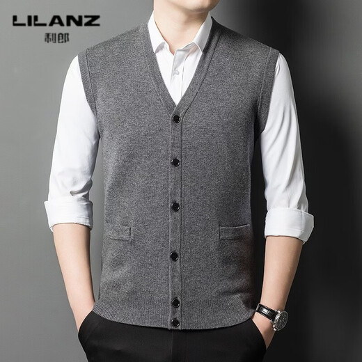 LILANZ autumn and winter men's pure wool cardigan thickened warm sweater sleeveless vest v-neck high-end daddy wool dark gray d022 thickened XL