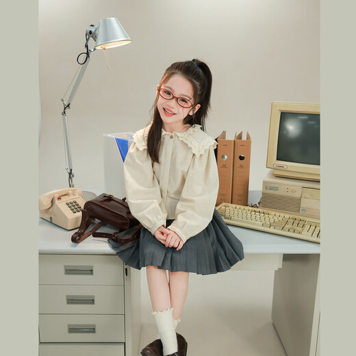 UTOUTO Big Ear Elephant Girls Hollow Lace Solid Color Shirt 2026 Spring New Baoer Pure Cotton Large Lapel Long Sleeve Top Milk Tea Apricot Spot 80