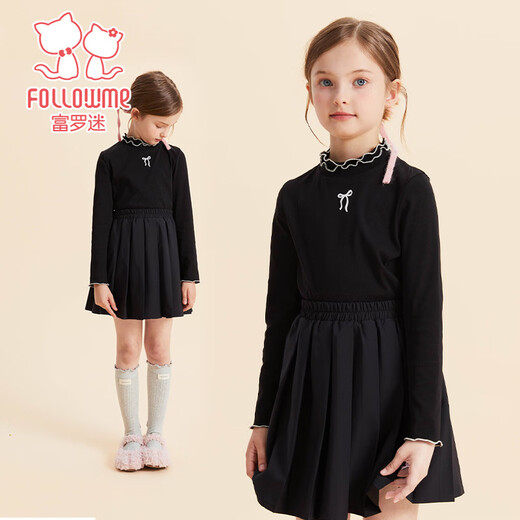 Fuluomi children's long-sleeved bottoming shirt for spring and autumn girls, comfortable and skin-friendly lotus leaf collar, with T-shirt inside and can be worn outside, black 110