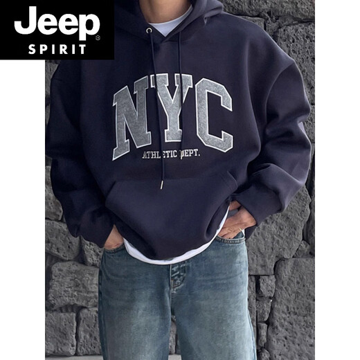 JEEP SPIRIT outer wear dark green hooded sweatshirt for boys spring new American oversize printed loose top trendy white spring and autumn thin. S (recommended 85-110Jin Jin equals 0.5 kg)