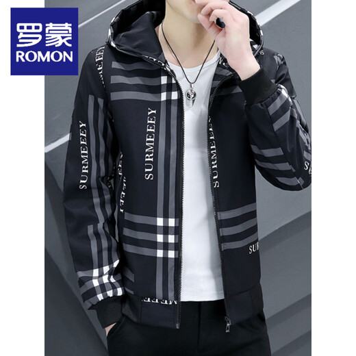 ROMON Spring and Autumn Men's Hooded Youth Casual Large Size Long-Sleeved Jacket Middle and High School College Student Fat Plaid Pattern Diamond A (Hooded Jacket) M 105Jin Jin is equal to within 0.5 kg