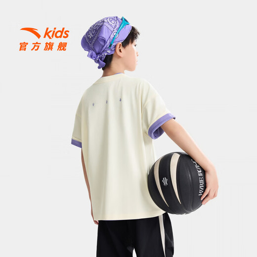 ANTA children's T-shirt for boys and girls 2026 summer new product skin-friendly cotton feel breathable Owen basketball short T352621177 duck down white-1 130