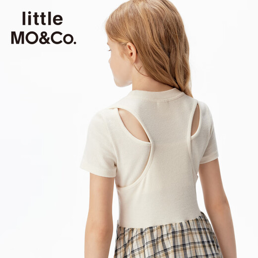 Little MO&Co.little moco children's clothing 26 spring new style girls fake two-piece plaid short-sleeved dress skirt college style beige plaid color 110 110/56