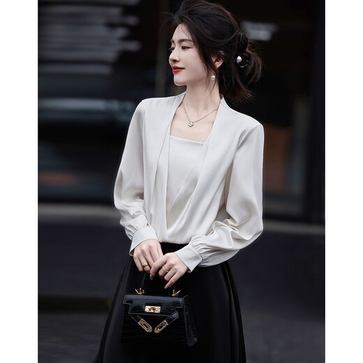 Demana Moonlight Lover Spring and Autumn Elegant Deep V Two-piece Stacked Placket Blouse Lantern Sleeve Shirt Women's Top