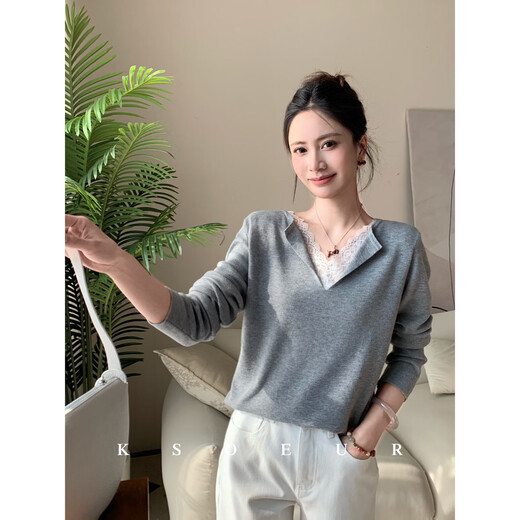 KSOEUR K sister moonlight lace lace lace stitching contrasting fake two-piece wool sweater soft matte gray XL