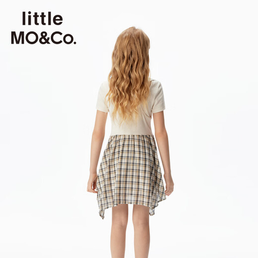 Little MO&Co.little moco children's clothing 26 spring new style girls fake two-piece plaid short-sleeved dress skirt college style beige plaid color 110 110/56