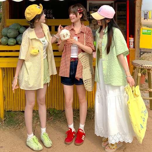 Mori Girl Tribe Summer Sweet Girl Plaid Shirt Women's Summer Doll Decoration Colorful Buttons Versatile Loose Top New Style Green Apple Style S Model Code