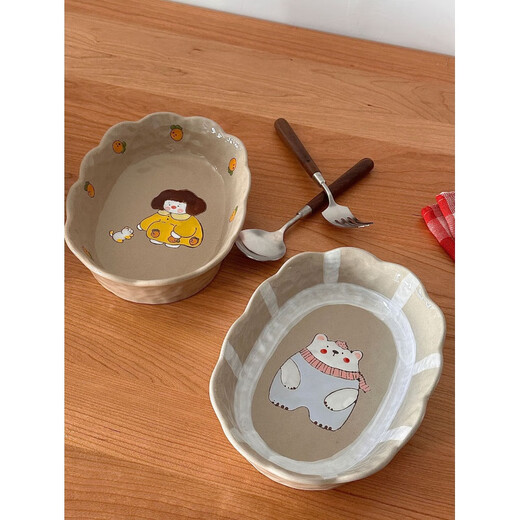 Dog bowl, cat bowl, ceramic cartoon, cute dog food bowl, rice bowl, snacks, water bowl, large capacity, anti-black chin, not easy to knock over, bear, cup not included, M size 21.5*15.5*5cm