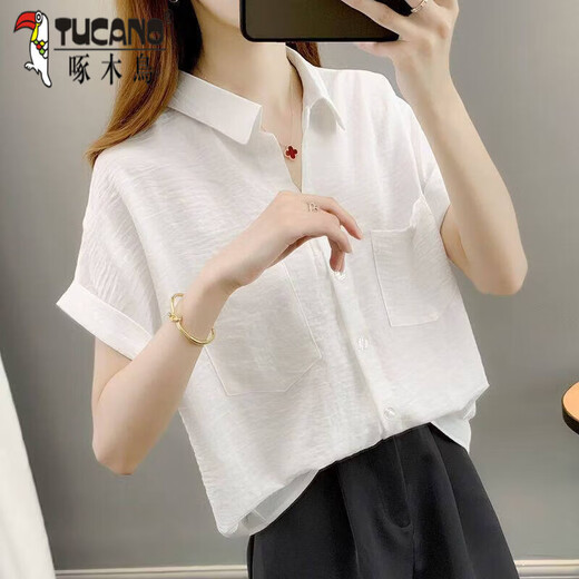 Woodpecker 2026 New Trendy Loose High-end Chiffon Shirt Tops Women Summer Thin Shirt Short Sleeve Fashion Large Size Graphic Khaki XL 100-120Jin Jin is equal to 0.5 kg