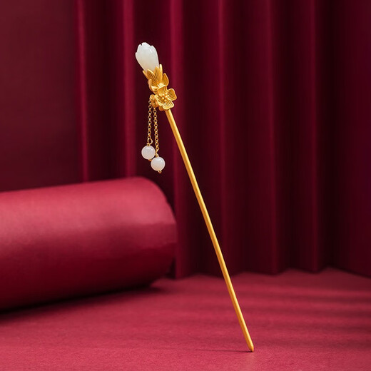 Kamalon hairpin for women, ancient style, step-shaking silver hairpin, high-end updo, high-end headwear, cheongsam, Hanfu, Chinese style gold hairpin, tassels, Hotan jade hairpin - step-shaking, spring (gold)