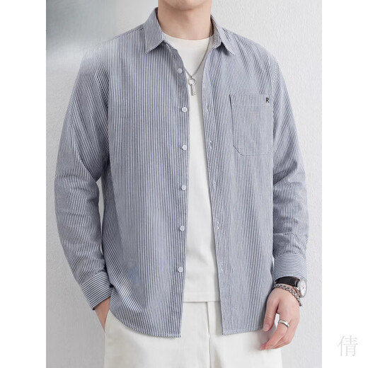Playboy (PLAYBOY) men's striped long-sleeved shirt 2026 spring and autumn pure cotton shirt jacket high-end handsome casual top gray 2XL suitable for 150-165 Jin Jin equals 0.5 kg