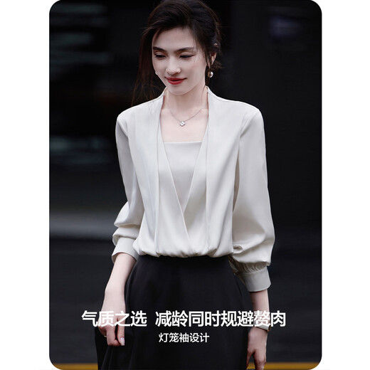 Demana Moonlight Lover Spring and Autumn Elegant Deep V Two-piece Stacked Placket Blouse Lantern Sleeve Shirt Women's Top