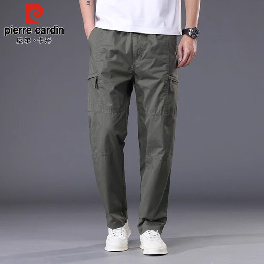Pierre Cardin casual pants men's spring and summer pure cotton workwear straight pants men's loose wide-leg long pants men's military green XL