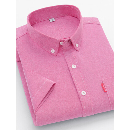ROMON 100 pure cotton men's short-sleeved shirt for young and middle-aged casual cotton Oxford half-sleeved solid color shirt large size men's DXNJF-08 pink pocket style XL 130-145Jin Jin equals 0.5 kg