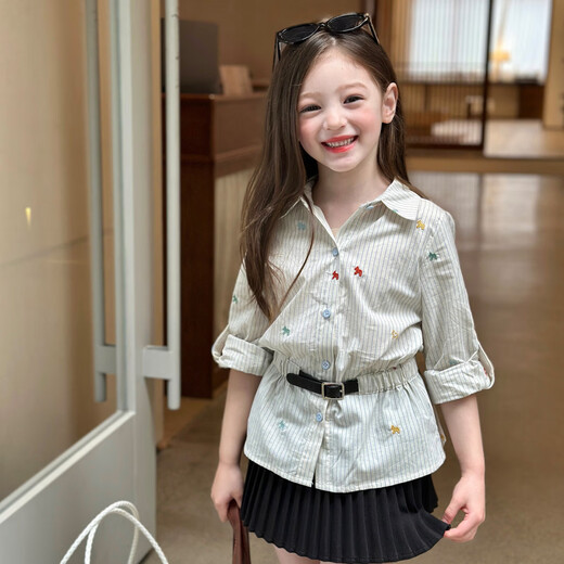 Gardenia's Growth Notes Children's Clothing Girls Lazy Style Striped Shirt 2026 Spring Children's Versatile Embroidered Pony Top Striped Shirt 160 cm