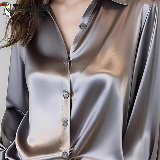 Woodpecker 2026 Spring and Autumn New High-end Gray Acetate Satin Shirt Women's Long-Sleeved Chic French Professional Shirt Gray XL