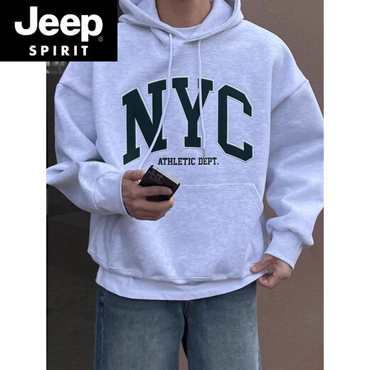 JEEP SPIRIT outer wear dark green hooded sweatshirt for boys spring new American oversize printed loose top trendy white spring and autumn thin. S (recommended 85-110Jin Jin equals 0.5 kg)