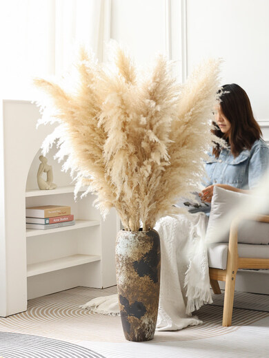 Internet celebrity natural reed pampas grass dried flower bouquet living room window soft decoration exhibition hall layout floor-standing flower arrangement photo props 10 large pampas grass + woven flower basket extra large_length 90-10013