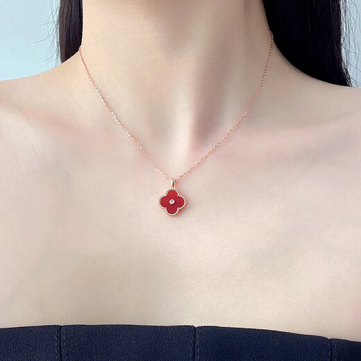 18K gold four-leaf clover diamond pendant rose gold color gold pendant au750 gold chain set birthday gift for girlfriend red agate 18K gold rose gold (single pendant)