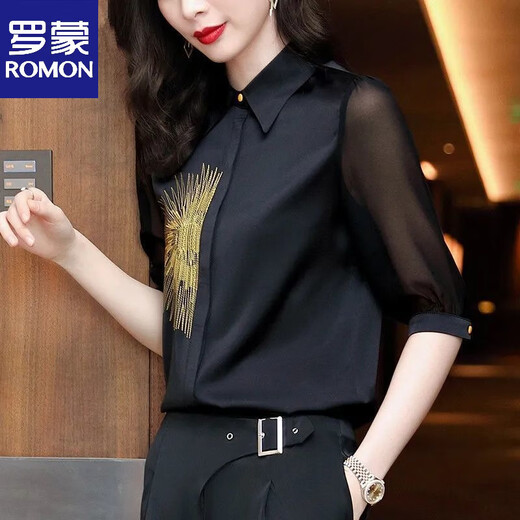 ROMON high-end shirt for women spring and summer new 2026 chiffon satin slim shirt fashionable professional temperament autumn thin black long sleeve S recommended 95Jin Jin is equal to within 0.5kg