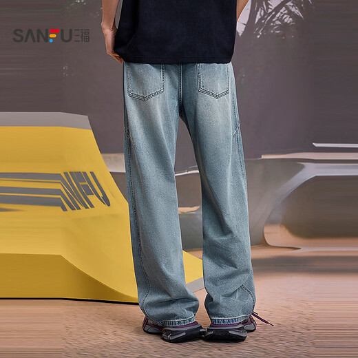 SANFU 2026 summer men's three-dimensional split jeans street wide version large straight pants 522197 nostalgic blue 28