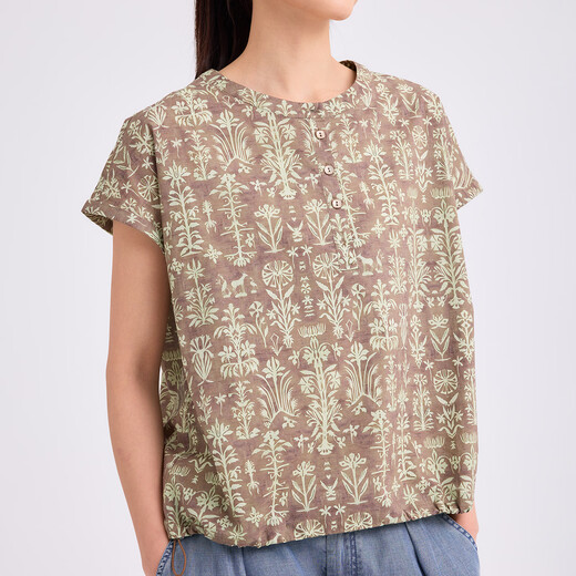 Colorless and odorless pottery shadow cocoon 26th summer new product pure cotton retro print short-sleeved shirt women's top antique brown M (36)