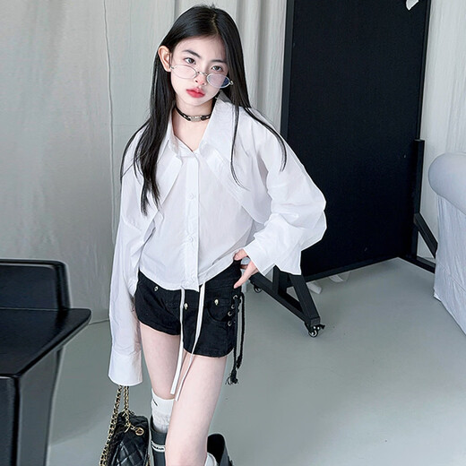 Girls' Spring and Autumn Shirts 2026 New Fashion Girls Korean Style Medium and Big Children's Style Loose Long-Sleeved Inner Cross-Border White 120 cm