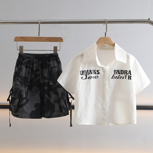 Ultraman boys summer letter short-sleeved shirt set 2025 new medium and large children summer children's medium pants boys two-piece set white 90 cm