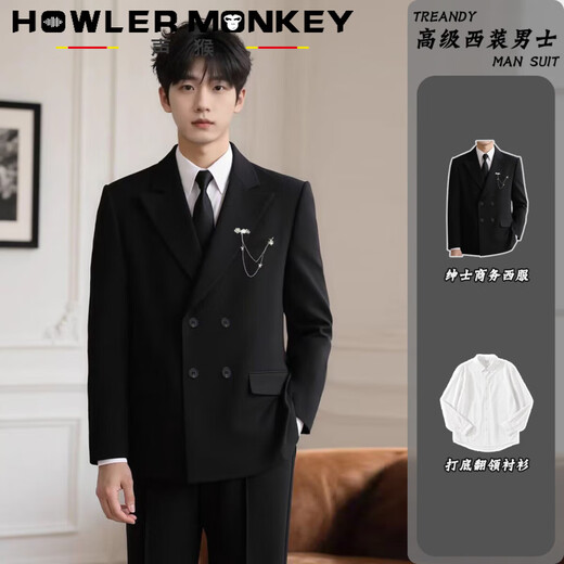 Sound Monkey Suit Jacket Men's Wedding Engagement Dress Gentleman's Fashion Business Double-Breasted Suit Set Men's Casual Suit Black Suit + White Shirt + Black Trousers Free Tie XL