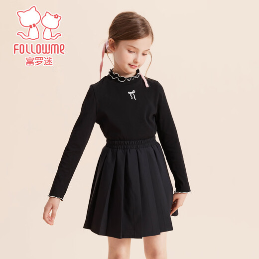 Fuluomi children's long-sleeved bottoming shirt for spring and autumn girls, comfortable and skin-friendly lotus leaf collar, with T-shirt inside and can be worn outside, black 110