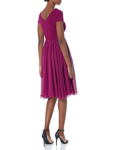 Dress the Population Women's Corey Low Cut Mixed Media Cap Sleeve A-Line Midi Dress, Dark Magenta Medium