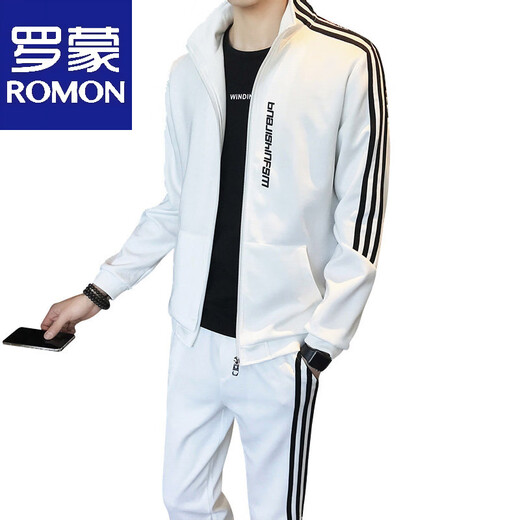ROMON stand-up collar sweatshirt sportswear jacket men's autumn running fitness men's youth matching white suit 52 white M
