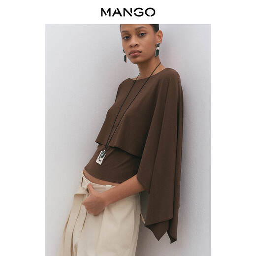 MANGO Bloom Series Women's Shirt 2026 Spring New French Style Round Neck Straight Three-quarter Sleeve Top Brown S