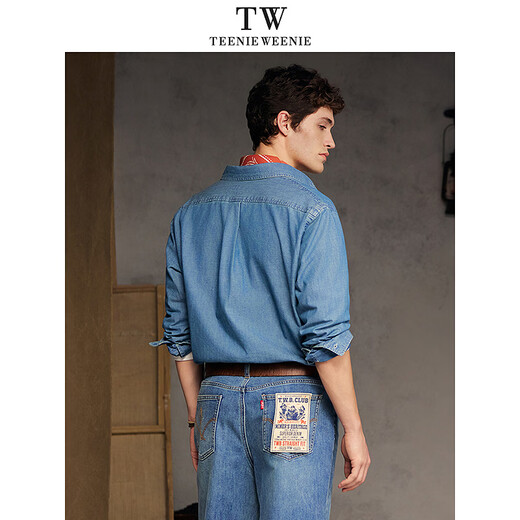 Teenie Weenie Bear Men's 2026 Summer Embroidered Bear Lapel Simple Casual Long Sleeve Denim Shirt Denim Color L