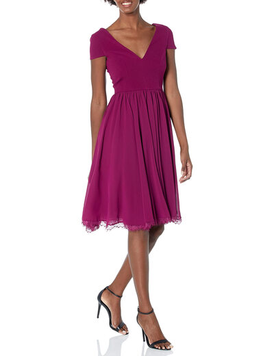 Dress the Population Women's Corey Low Cut Mixed Media Cap Sleeve A-Line Midi Dress, Dark Magenta Medium