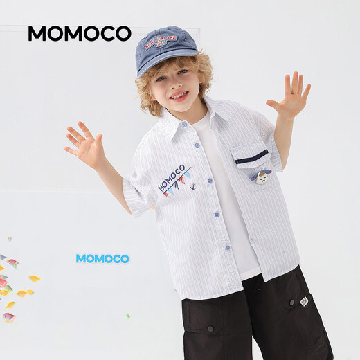 Mami Maka (MOMOCO) boys' short-sleeved shirt summer children's fashion versatile children's shirt blue and white 130