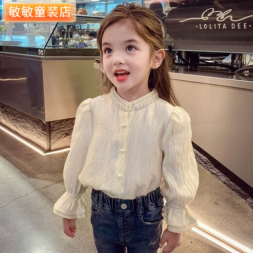 Girls' Western Sweet Little Fragrance Style Shirt 2025 Spring and Autumn Clothes Baby Girl Korean Princess Style Fashionable Bottoming Shirt Autumn Champagne Color 100