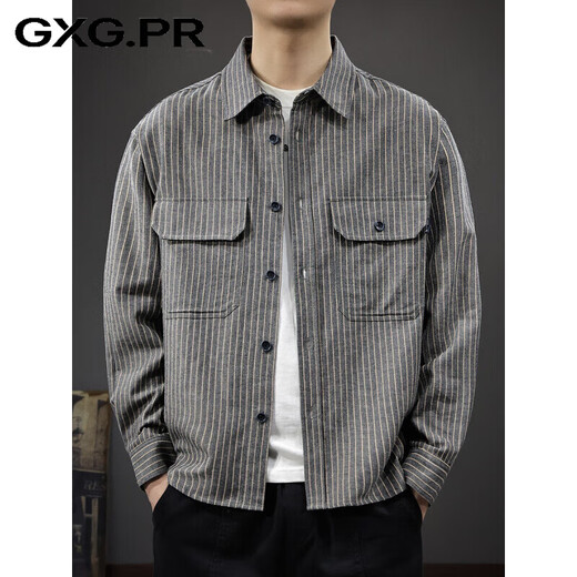GXG.PR American retro linen breathable striped long-sleeved men's shirt autumn loose work shirt lapel jacket black M suitable weight 100-130Jin Jin equals 0.5 kg