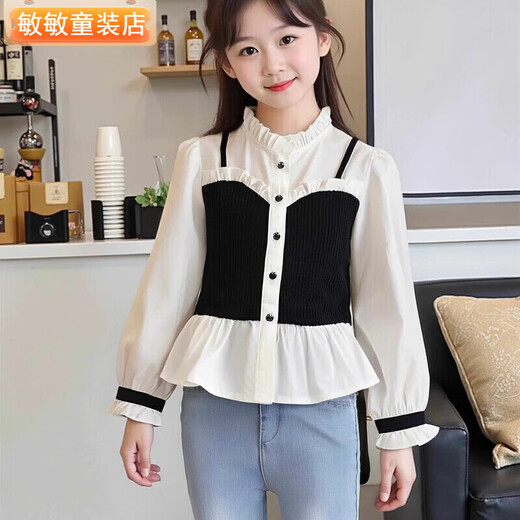 Girls' shirts, fashionable fake two-piece long-sleeved tops, spring and autumn children's baby doll shirts, new French style shirts, girls' patchwork shirts, size 120, recommended height 110cm