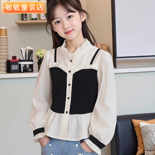 Girls' shirts, fashionable fake two-piece long-sleeved tops, spring and autumn children's baby doll shirts, new French style shirts, girls' patchwork shirts, size 120, recommended height 110cm