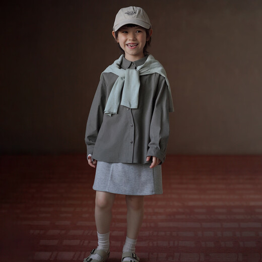 Haqi Children's Clothing 2026 Spring and Autumn Children's Tops Gray Green Literary Loose Shirts Boys and Girls Shirts Casual Loose Gray Green 110