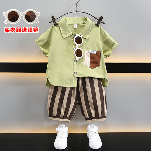 Ultraman boys summer suit 2025 new fashionable baby summer Internet celebrity shirt short-sleeved clothes children's handsome shirt green 90 cm