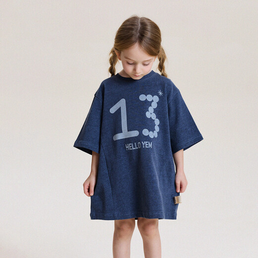 Yoona's mom girls 2026 spring and summer new distressed printed T-shirt dress children's retro dress baby princess dress navy blue ready stock 90
