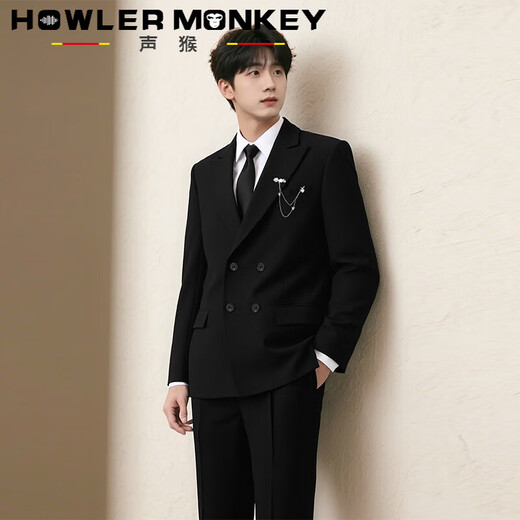 Sound Monkey Suit Jacket Men's Wedding Engagement Dress Gentleman's Fashion Business Double-Breasted Suit Set Men's Casual Suit Black Suit + White Shirt + Black Trousers Free Tie XL